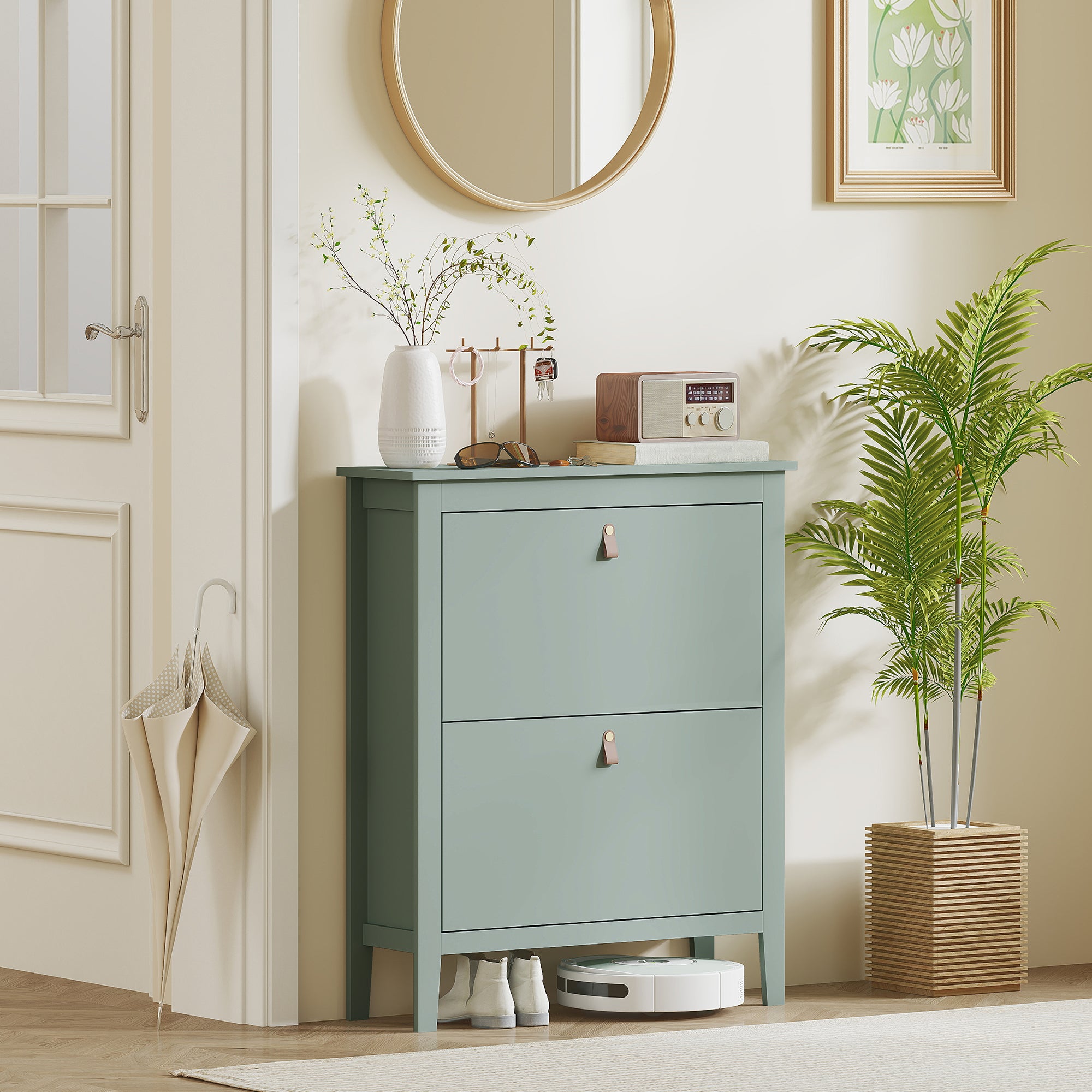Space-Saving Shoe Cabinet with 2 Flip Drawers for 14 Pairs of Shoes, Entryway Furniture with Adjustable and Removable Shelves for Shoes Up to EU44 Size, 80x24x95.5cm, Green