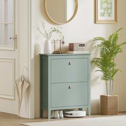 Space-Saving Shoe Cabinet with 2 Flip Drawers for 14 Pairs of Shoes, Entryway Furniture with Adjustable and Removable Shelves for Shoes Up to EU44 Size, 80x24x95.5cm, Green