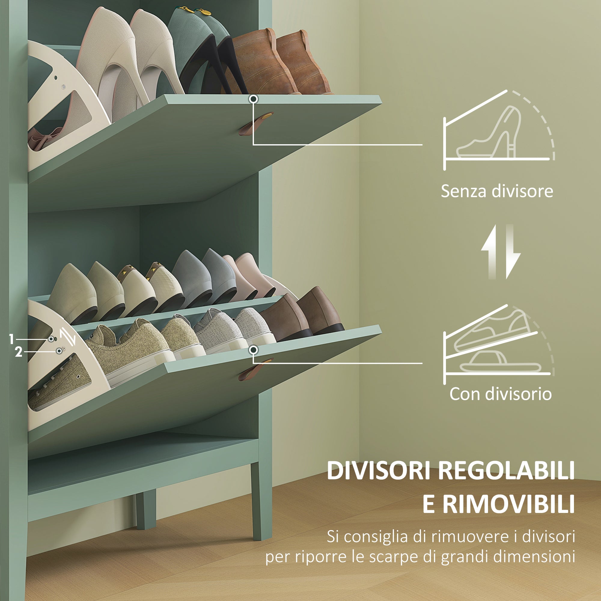 Space-Saving Shoe Cabinet with 2 Flip Drawers for 14 Pairs of Shoes, Entryway Furniture with Adjustable and Removable Shelves for Shoes Up to EU44 Size, 80x24x95.5cm, Green