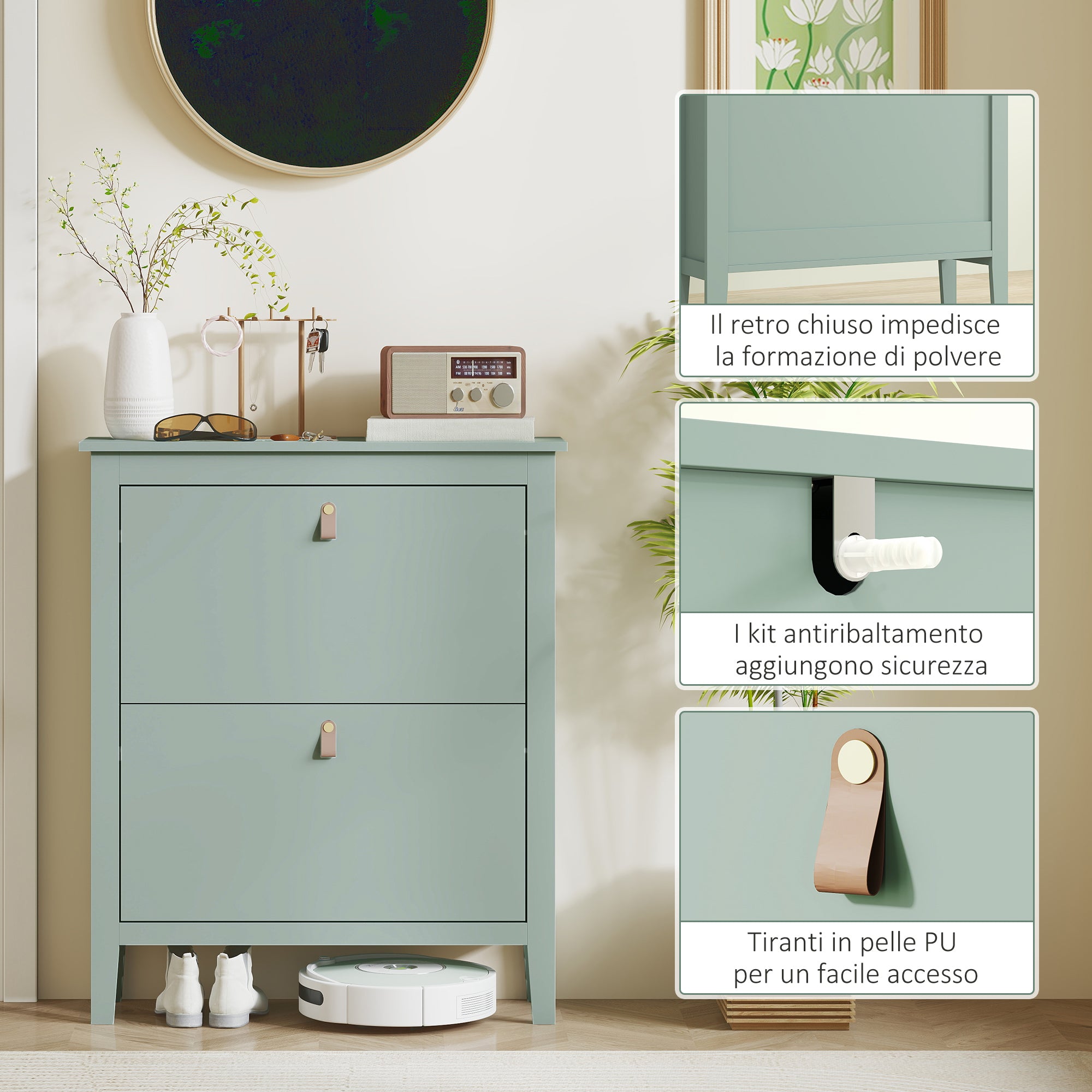 Space-Saving Shoe Cabinet with 2 Flip Drawers for 14 Pairs of Shoes, Entryway Furniture with Adjustable and Removable Shelves for Shoes Up to EU44 Size, 80x24x95.5cm, Green