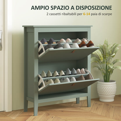 Space-Saving Shoe Cabinet with 2 Flip Drawers for 14 Pairs of Shoes, Entryway Furniture with Adjustable and Removable Shelves for Shoes Up to EU44 Size, 80x24x95.5cm, Green