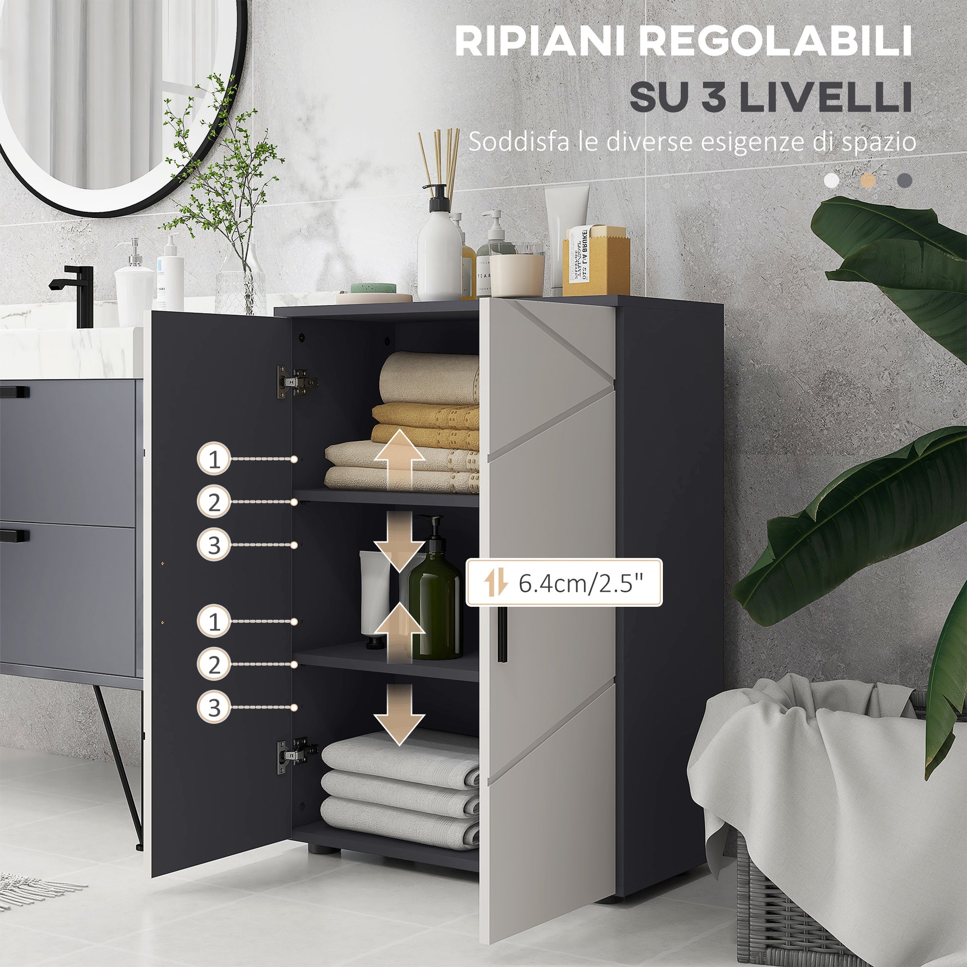 Space-saving Bathroom Cabinet with 2 Doors in Wood, Bathroom Cabinet with 3 Shelves and Soft Close, 60x30x82cm, Gray