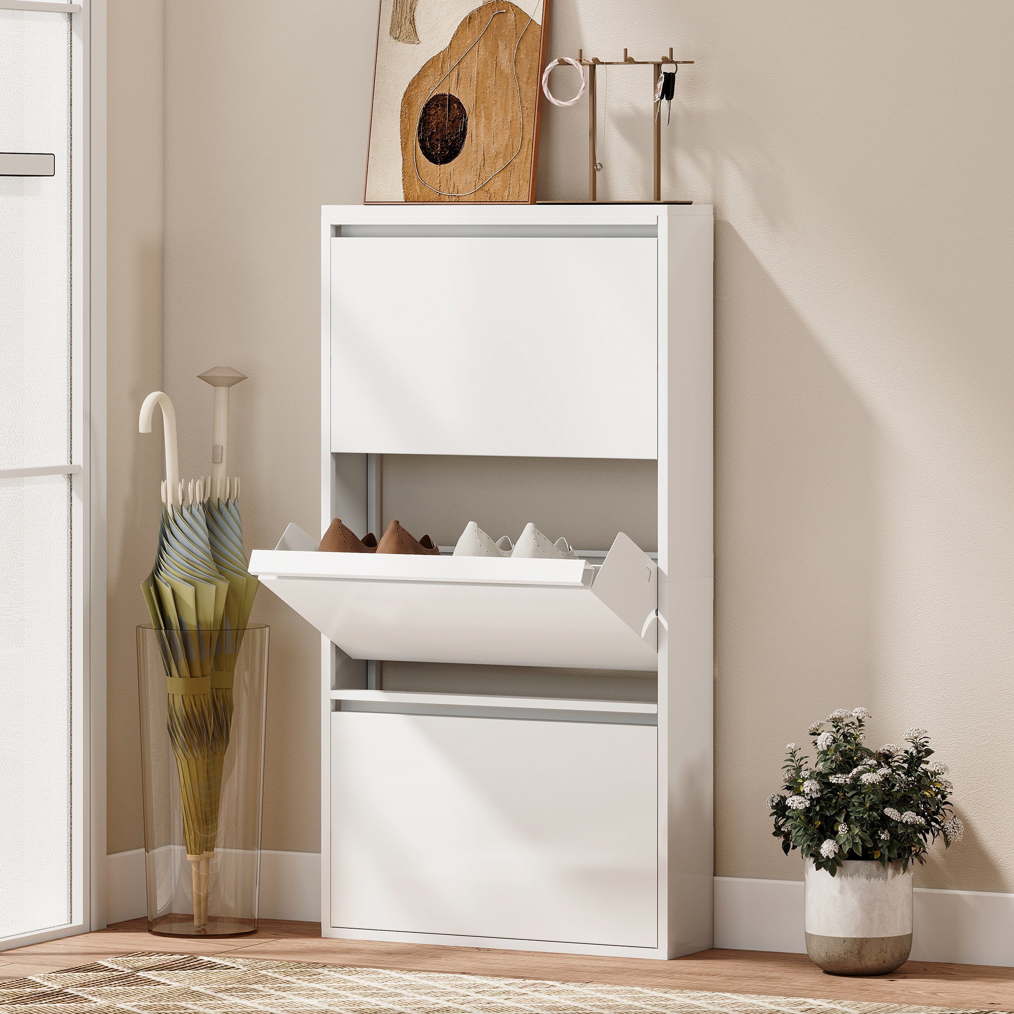 Metal Shoe Cabinet with 3 Flip Drawers — Slim Wall-Mounted Shoe Rack for 6 Pairs, 55 x 15 x 105.5 cm (21.7" x 5.9" x 41.5"), White