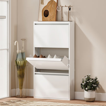 Metal Shoe Cabinet with 3 Flip Drawers — Slim Wall-Mounted Shoe Rack for 6 Pairs, 55 x 15 x 105.5 cm (21.7" x 5.9" x 41.5"), White