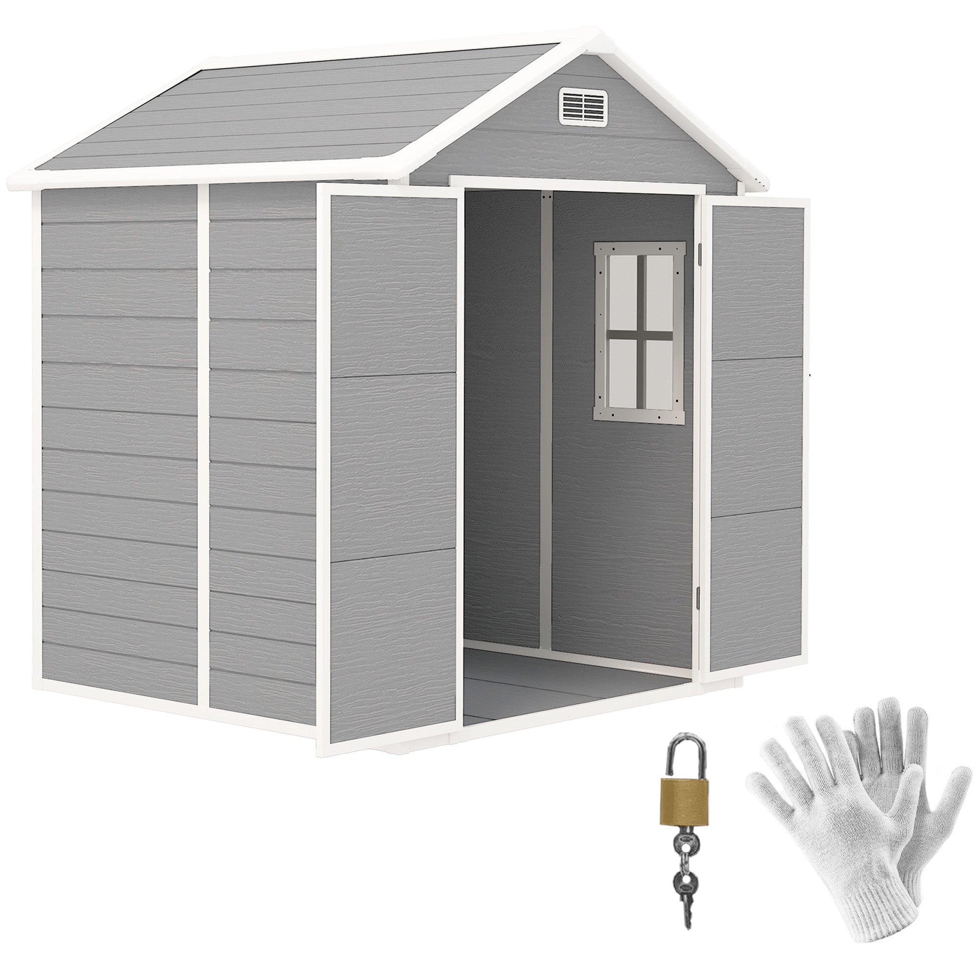 Tool Shed 2.4m², Waterproof Garden House with Floor Pent Roof, 182x151x219/181 cm, Tool Shed with Lockable Door, Window, Plastic Bike Garage for Backyard, Garden, Grey