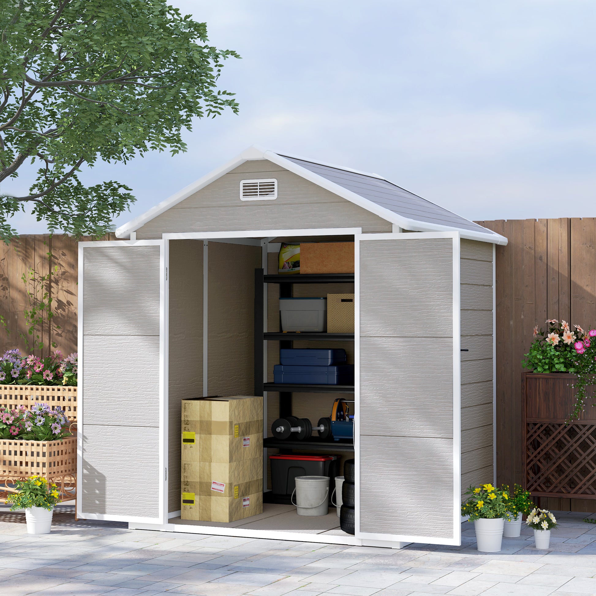 Tool Shed 2.4m², Waterproof Garden House with Floor Pent Roof, 182x151x219/181 cm, Tool Shed with Lockable Door, Window, Plastic Bike Garage for Backyard, Garden, Grey