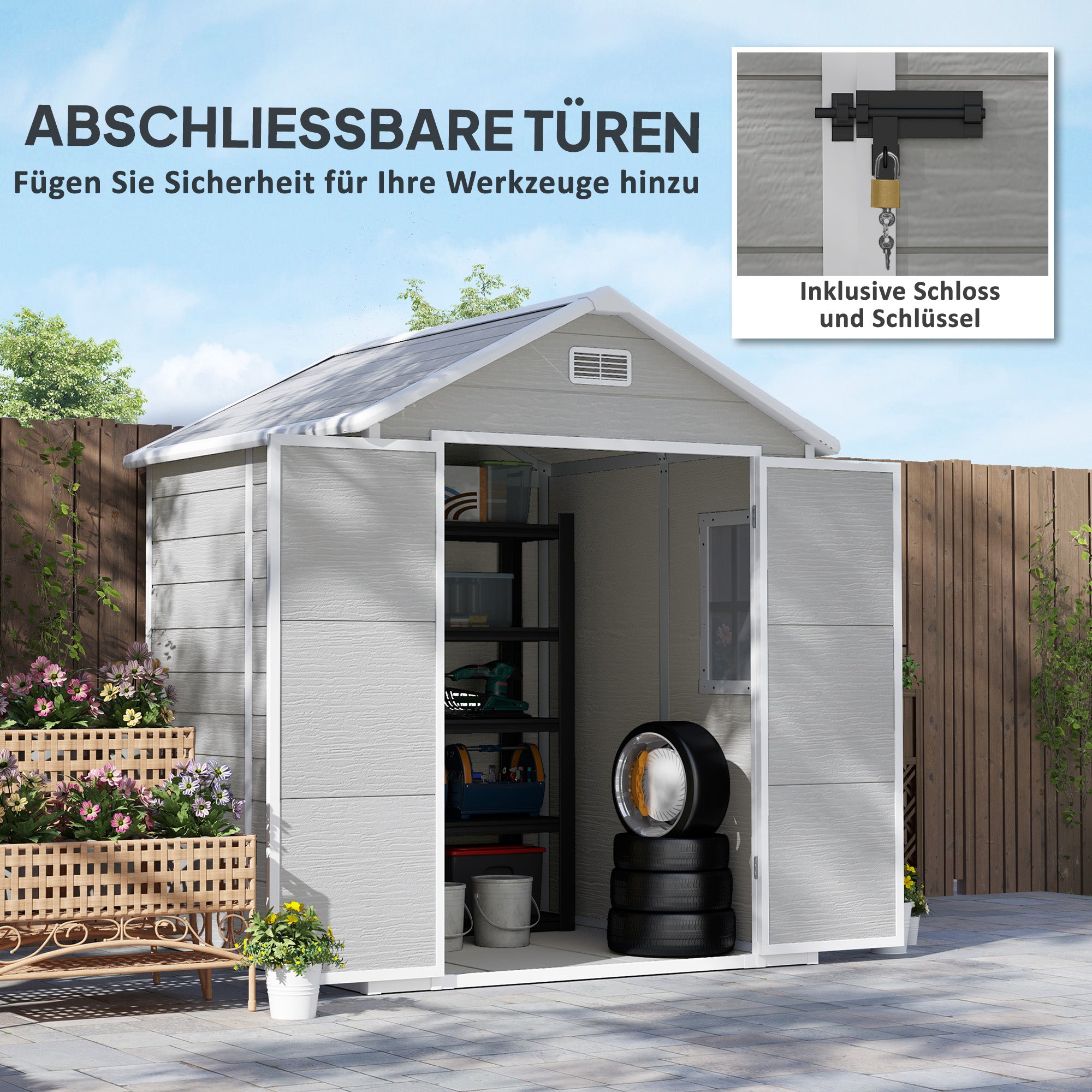 Tool Shed 2.4m², Waterproof Garden House with Floor Pent Roof, 182x151x219/181 cm, Tool Shed with Lockable Door, Window, Plastic Bike Garage for Backyard, Garden, Grey