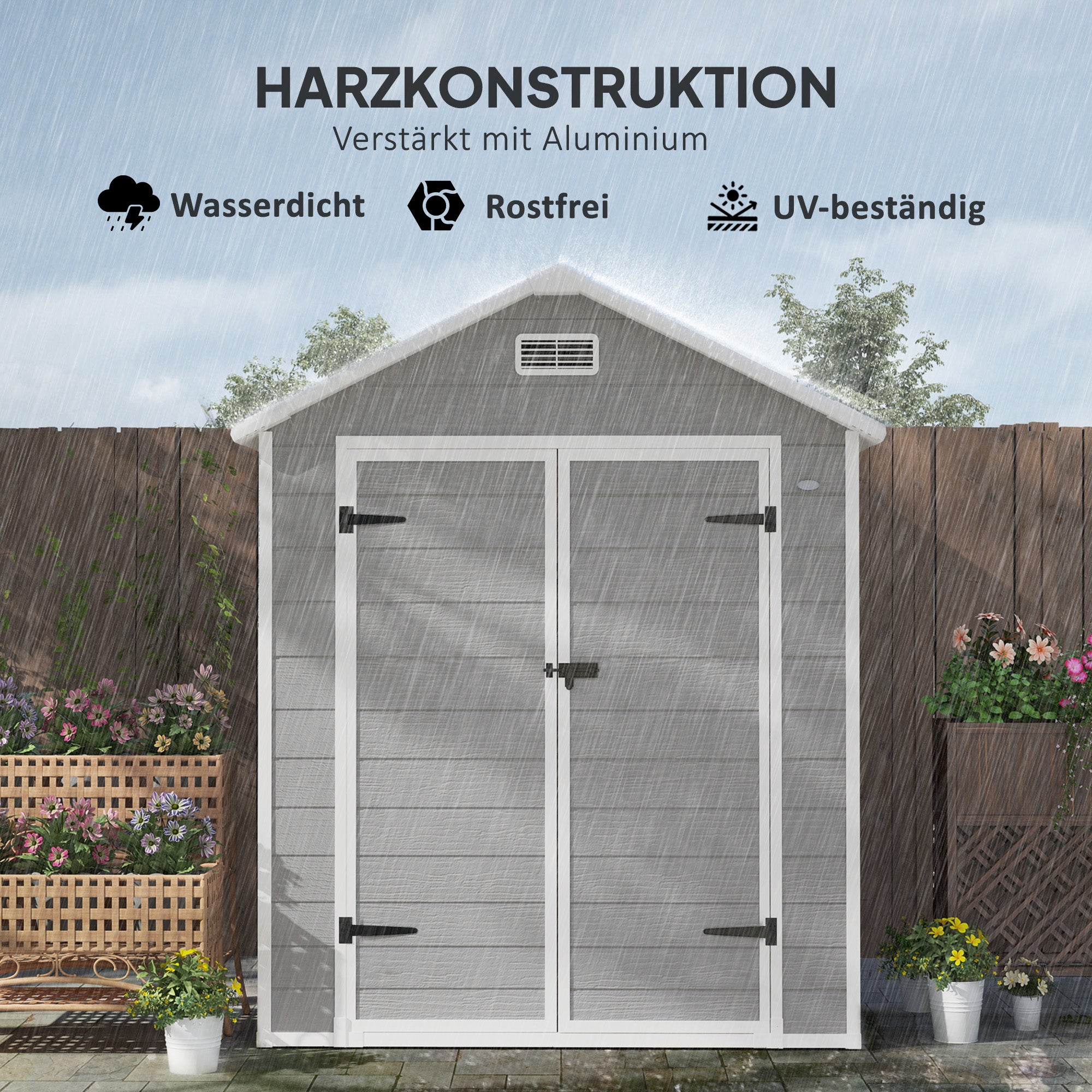 Tool Shed 2.4m², Waterproof Garden House with Floor Pent Roof, 182x151x219/181 cm, Tool Shed with Lockable Door, Window, Plastic Bike Garage for Backyard, Garden, Grey