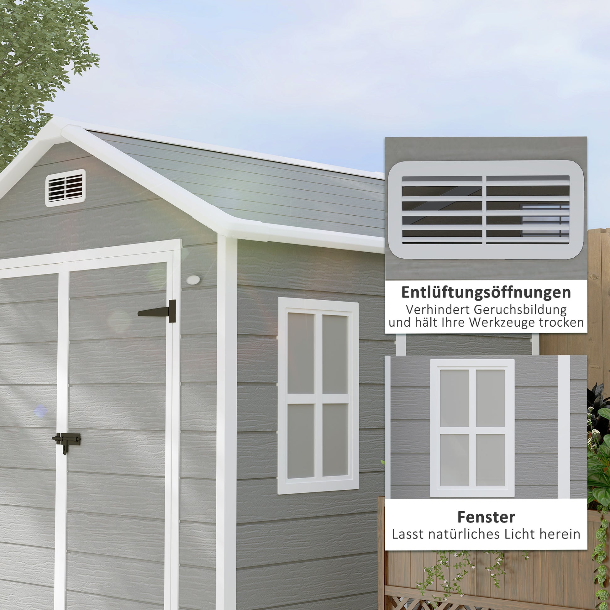 Tool Shed 2.4m², Waterproof Garden House with Floor Pent Roof, 182x151x219/181 cm, Tool Shed with Lockable Door, Window, Plastic Bike Garage for Backyard, Garden, Grey