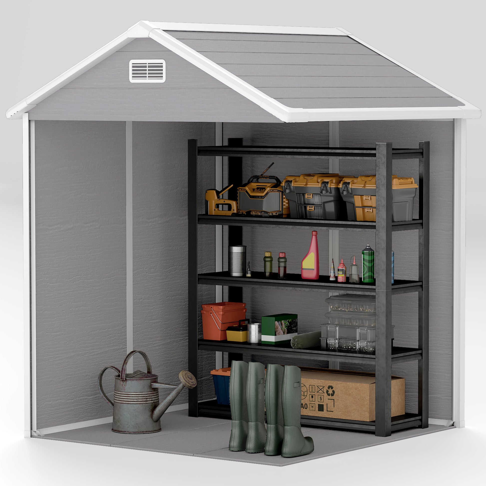 Tool Shed 2.4m², Waterproof Garden House with Floor Pent Roof, 182x151x219/181 cm, Tool Shed with Lockable Door, Window, Plastic Bike Garage for Backyard, Garden, Grey