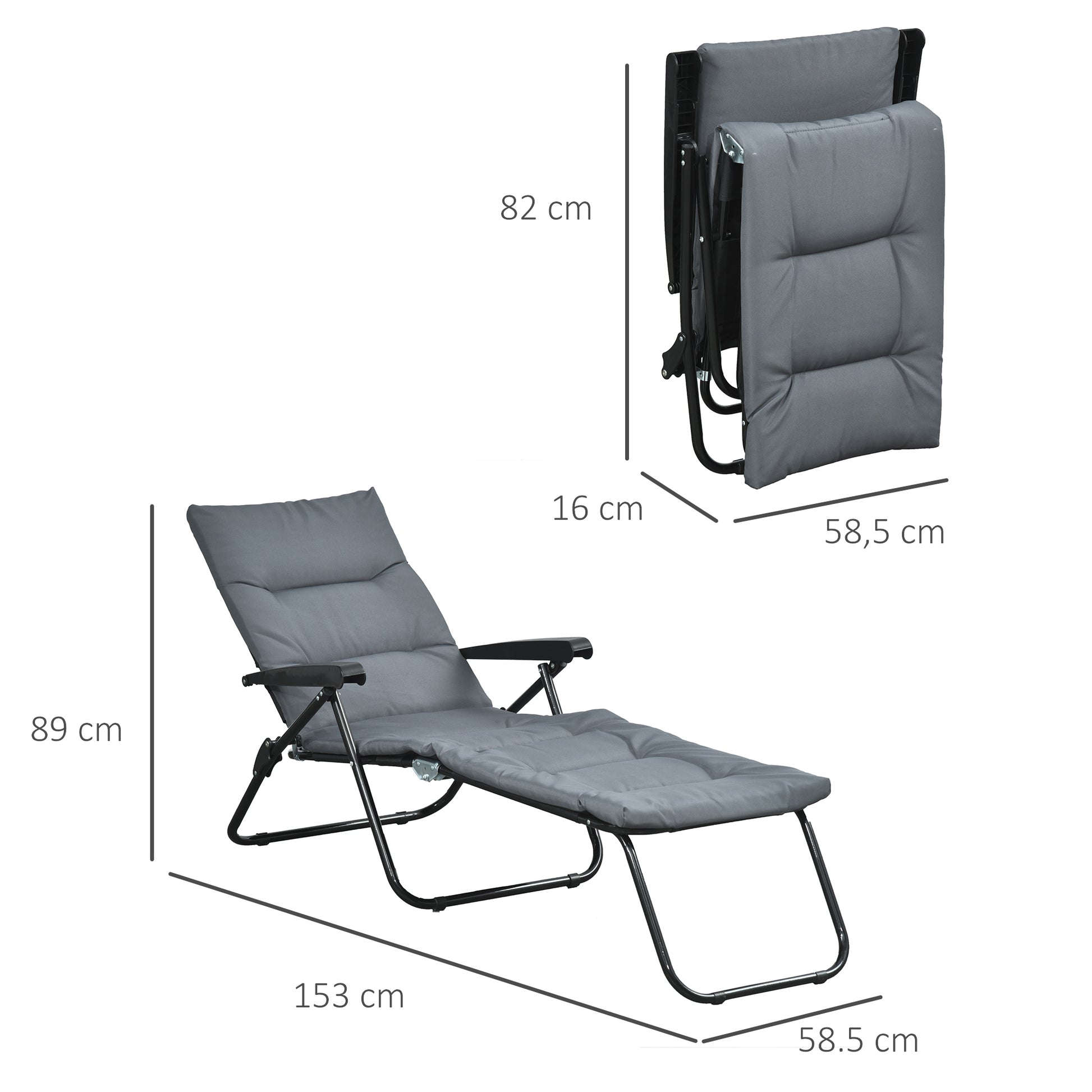 Gray foldable sun lounger with 6-position adjustable backrest, mattress + armrests steel polyester