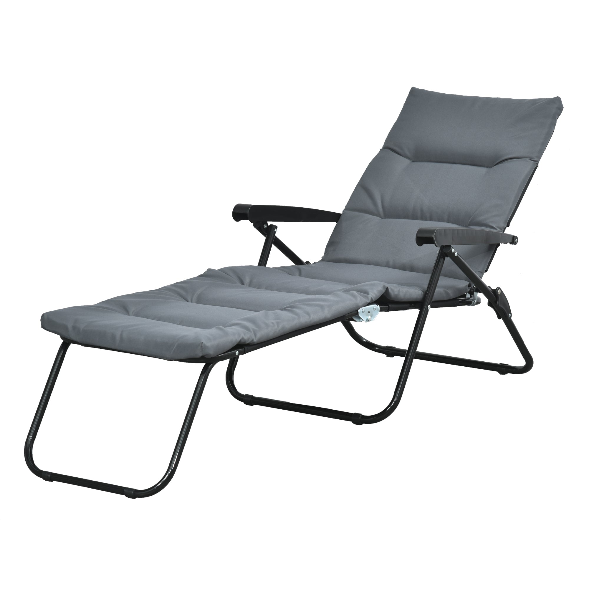 Gray foldable sun lounger with 6-position adjustable backrest, mattress + armrests steel polyester