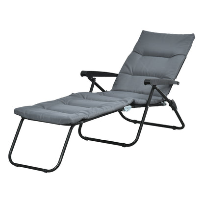 Gray foldable sun lounger with 6-position adjustable backrest, mattress + armrests steel polyester