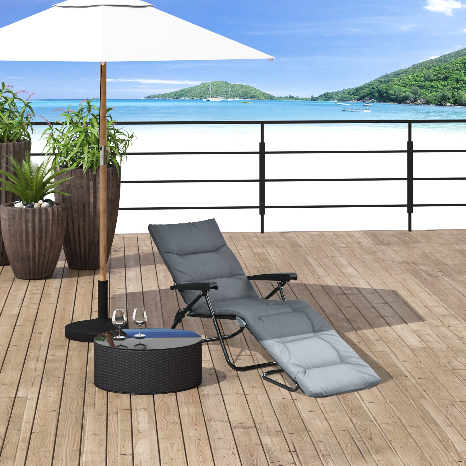 Gray foldable sun lounger with 6-position adjustable backrest, mattress + armrests steel polyester