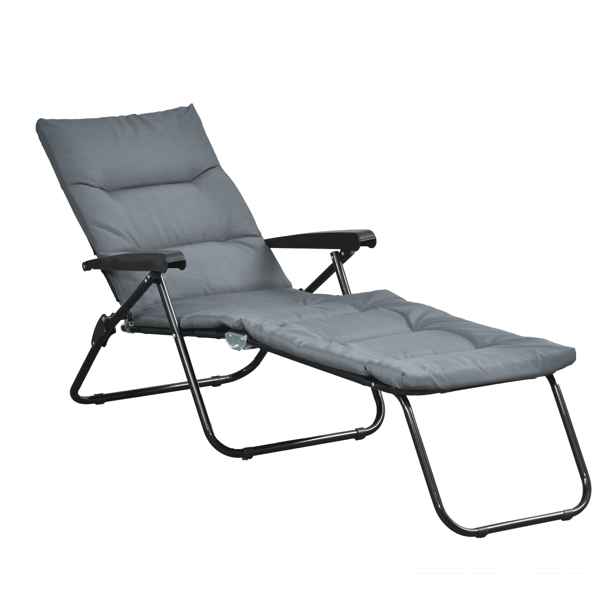 Gray foldable sun lounger with 6-position adjustable backrest, mattress + armrests steel polyester