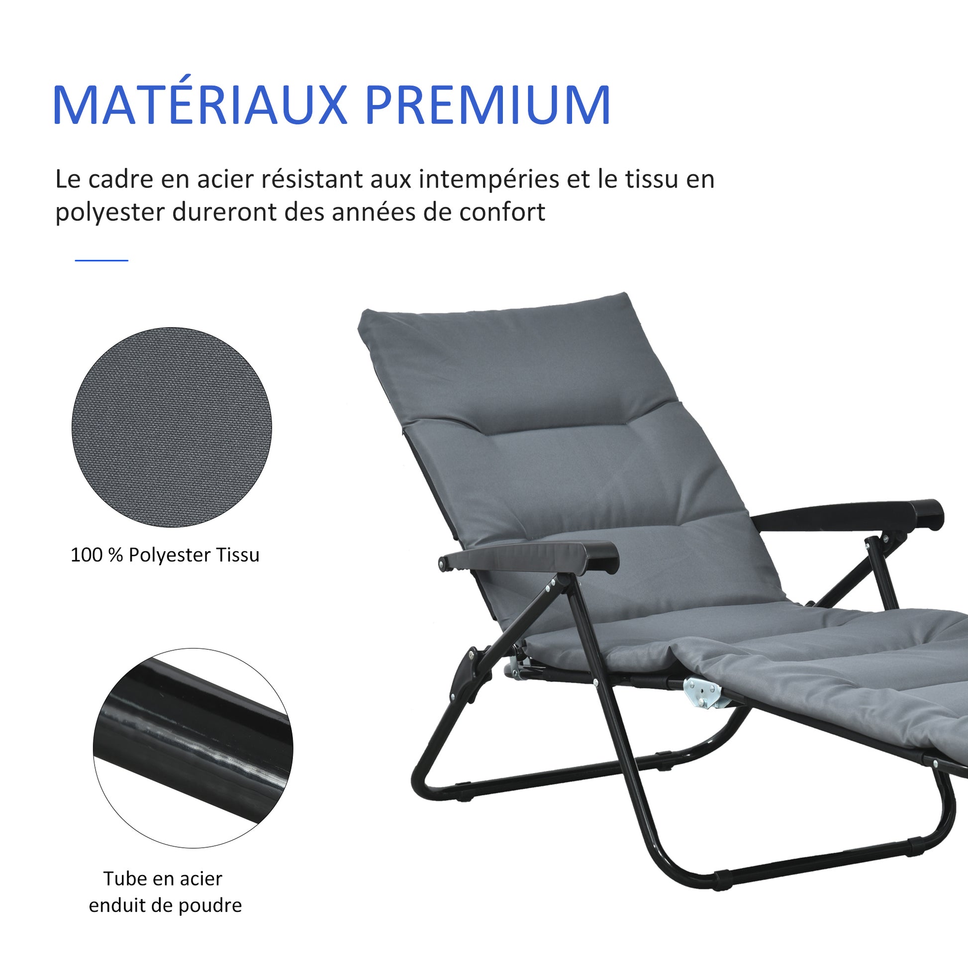 Gray foldable sun lounger with 6-position adjustable backrest, mattress + armrests steel polyester