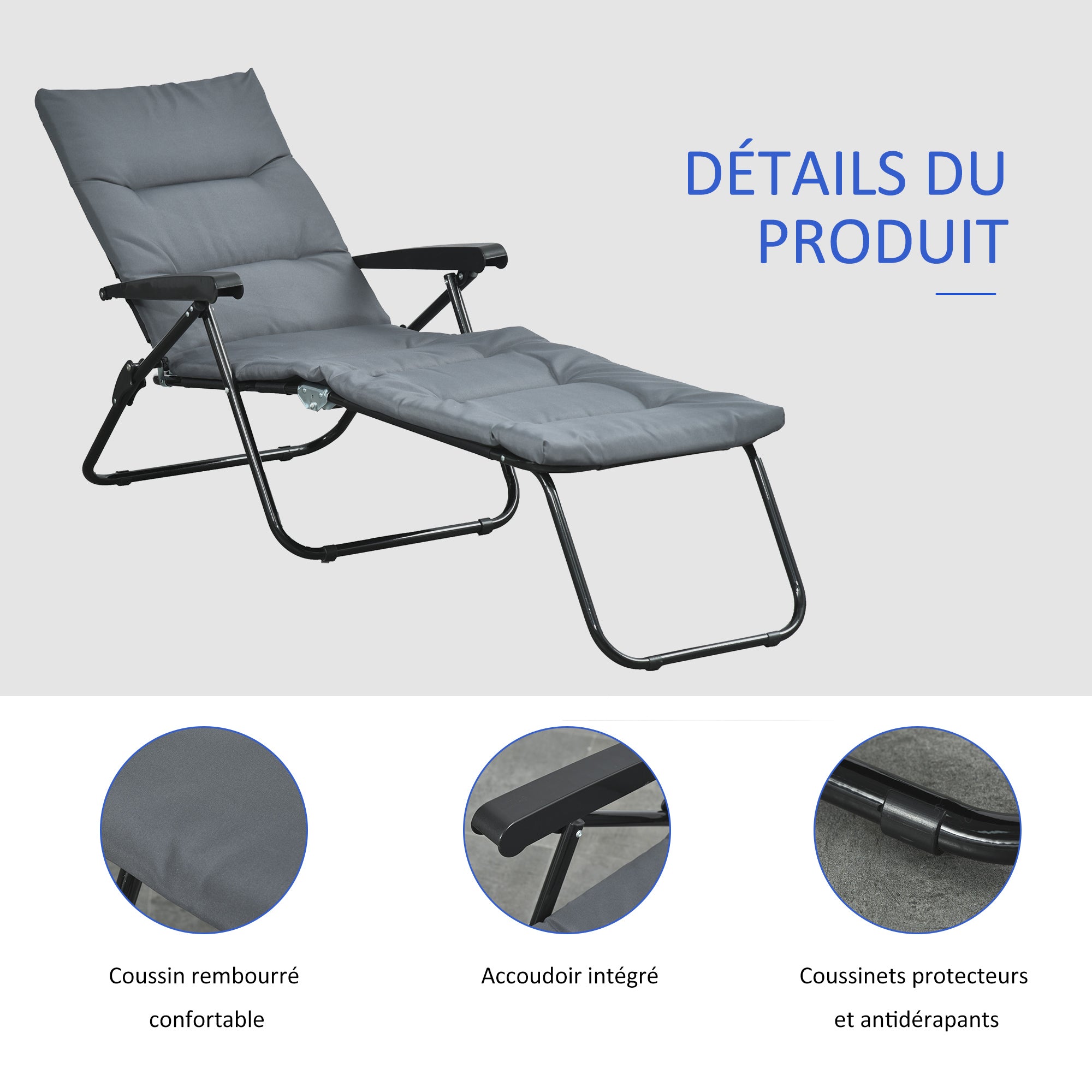 Gray foldable sun lounger with 6-position adjustable backrest, mattress + armrests steel polyester