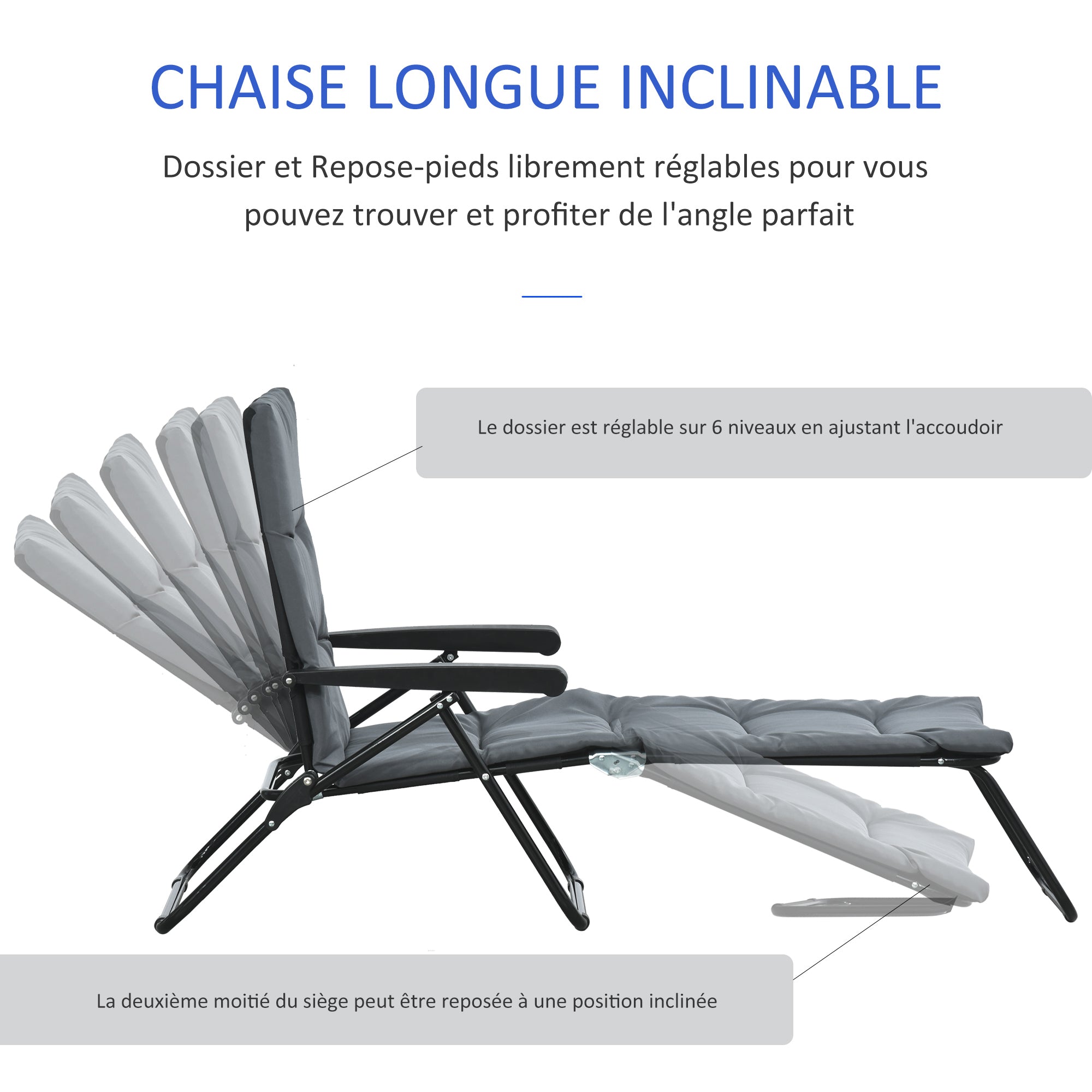 Gray foldable sun lounger with 6-position adjustable backrest, mattress + armrests steel polyester