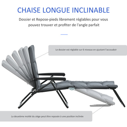 Gray foldable sun lounger with 6-position adjustable backrest, mattress + armrests steel polyester