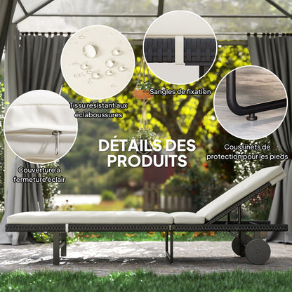 Sun Lounger with Cushion, Outdoor Garden Lounge Chair with Adjustable Backrest and Wheels for Beach Pool Terrace, 198 x 65 x 85 cm, Cream