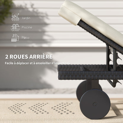 Sun Lounger with Cushion, Outdoor Garden Lounge Chair with Adjustable Backrest and Wheels for Beach Pool Terrace, 198 x 65 x 85 cm, Cream