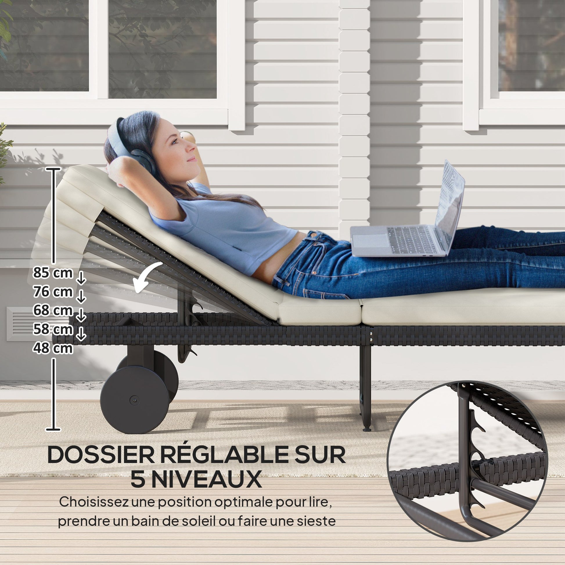 Sun Lounger with Cushion, Outdoor Garden Lounge Chair with Adjustable Backrest and Wheels for Beach Pool Terrace, 198 x 65 x 85 cm, Cream
