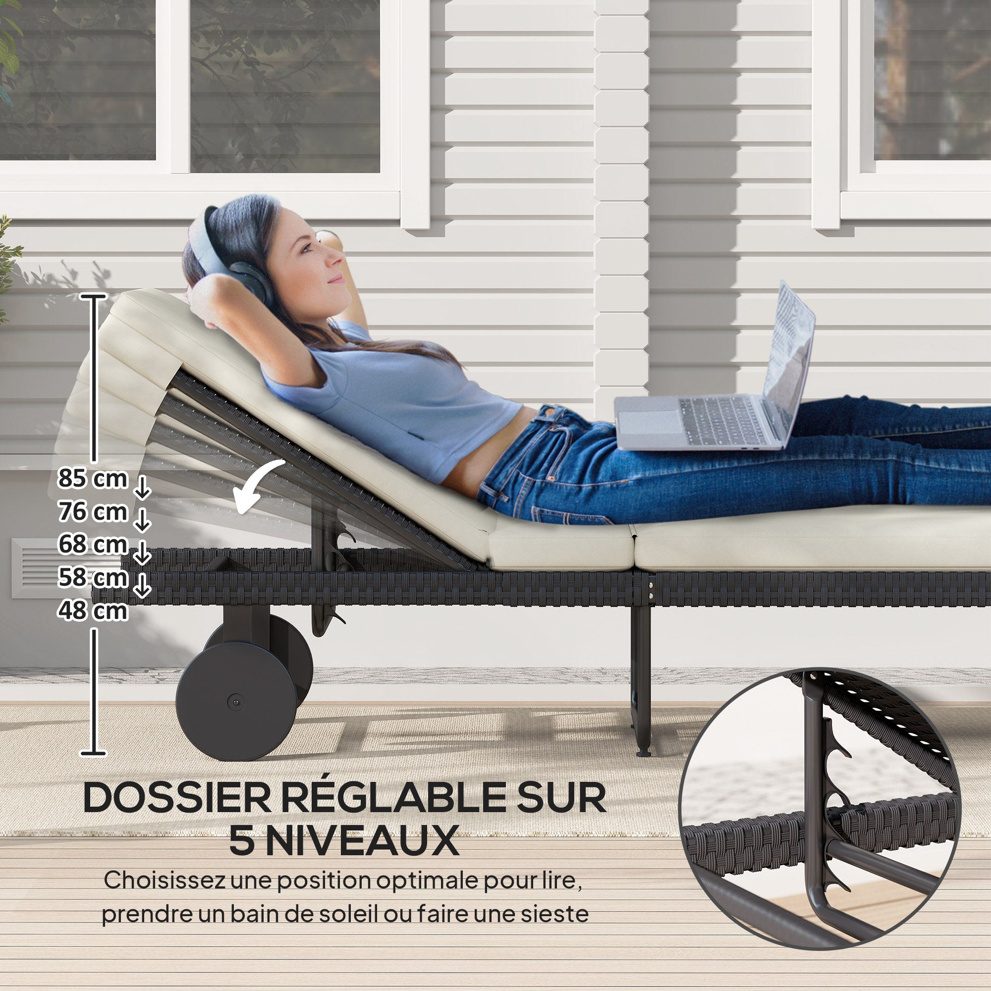 Sun Lounger with Cushion, Outdoor Garden Lounge Chair with Adjustable Backrest and Wheels for Beach Pool Terrace, 198 x 65 x 85 cm, Cream