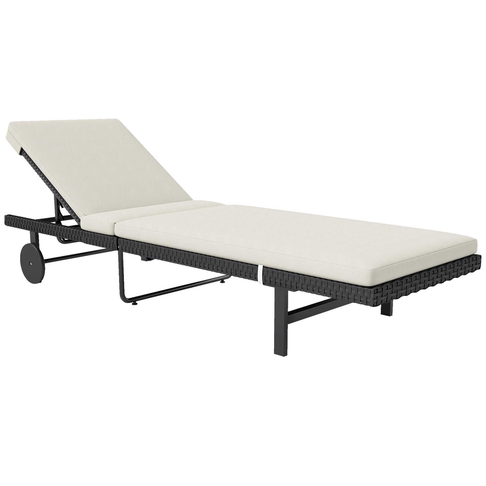 Sun Lounger with Cushion, Outdoor Garden Lounge Chair with Adjustable Backrest and Wheels for Beach Pool Terrace, 198 x 65 x 85 cm, Cream