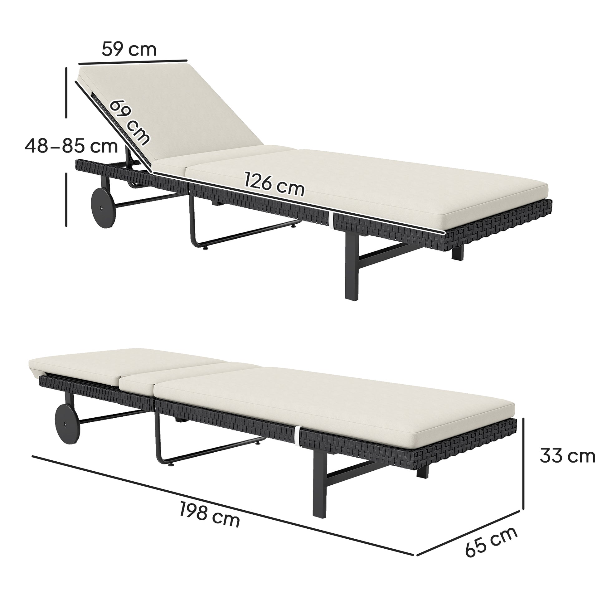 Sun Lounger with Cushion, Outdoor Garden Lounge Chair with Adjustable Backrest and Wheels for Beach Pool Terrace, 198 x 65 x 85 cm, Cream