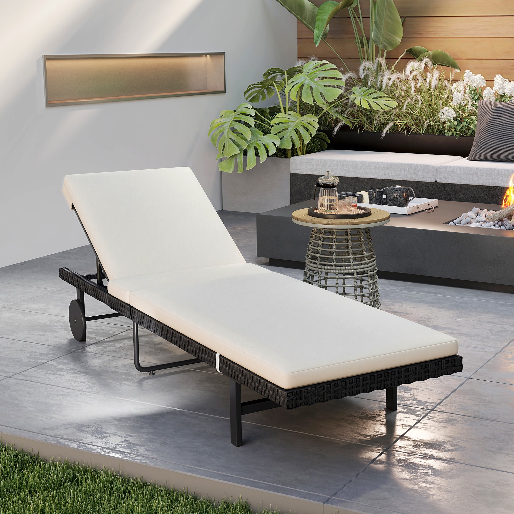 Sun Lounger with Cushion, Outdoor Garden Lounge Chair with Adjustable Backrest and Wheels for Beach Pool Terrace, 198 x 65 x 85 cm, Cream