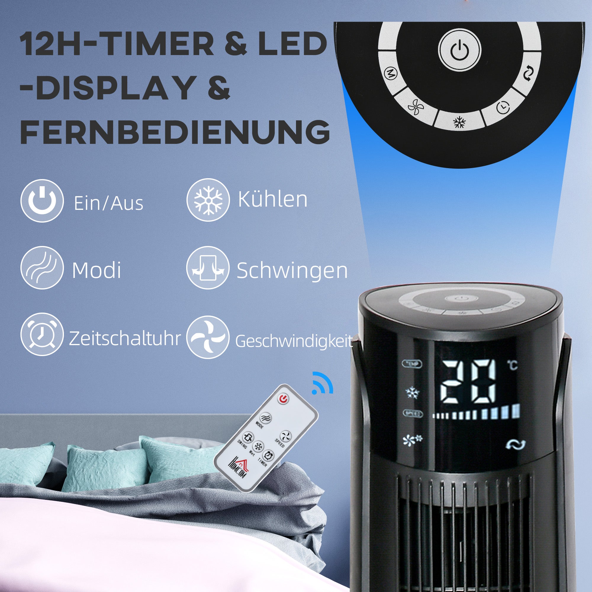 Air Cooler Tower Fan with Water Cooling Humidification 60W Quiet Stand Fan with 12h Timer, 4 Modes, Remote Control, LED Display for Living Room Black Ø31.5 x 107 cm