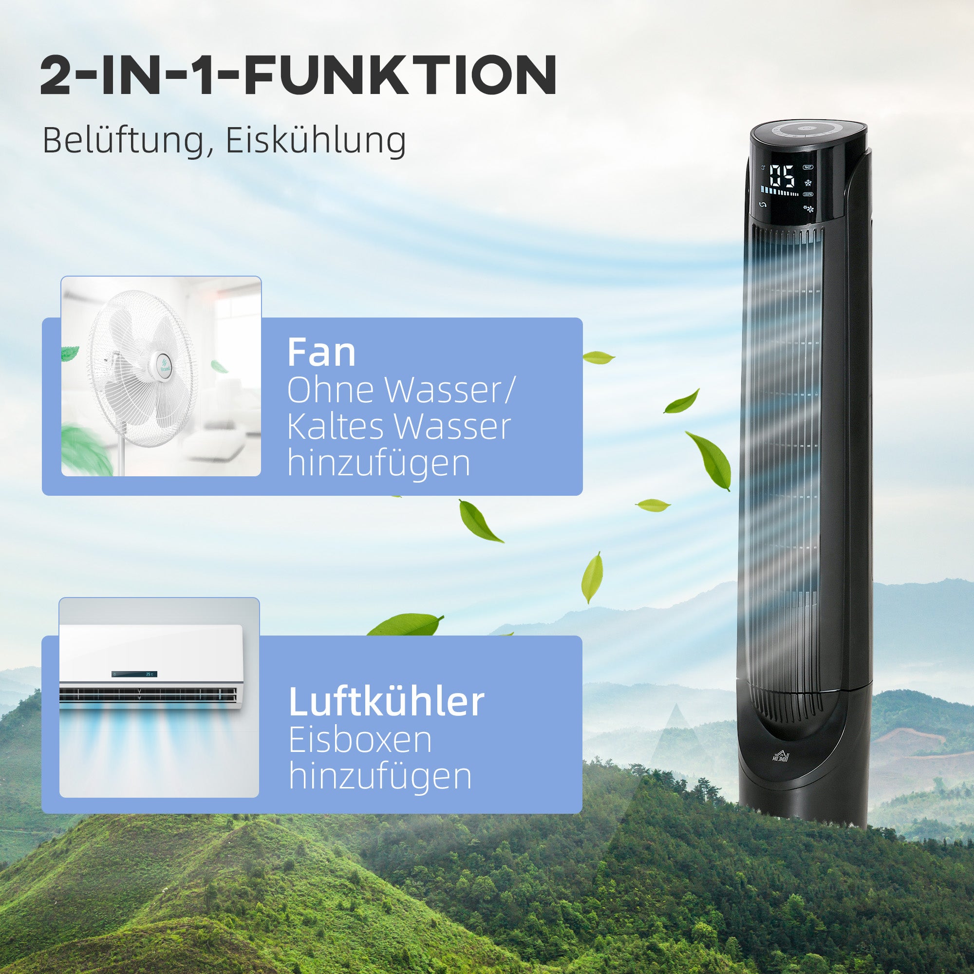 Air Cooler Tower Fan with Water Cooling Humidification 60W Quiet Stand Fan with 12h Timer, 4 Modes, Remote Control, LED Display for Living Room Black Ø31.5 x 107 cm