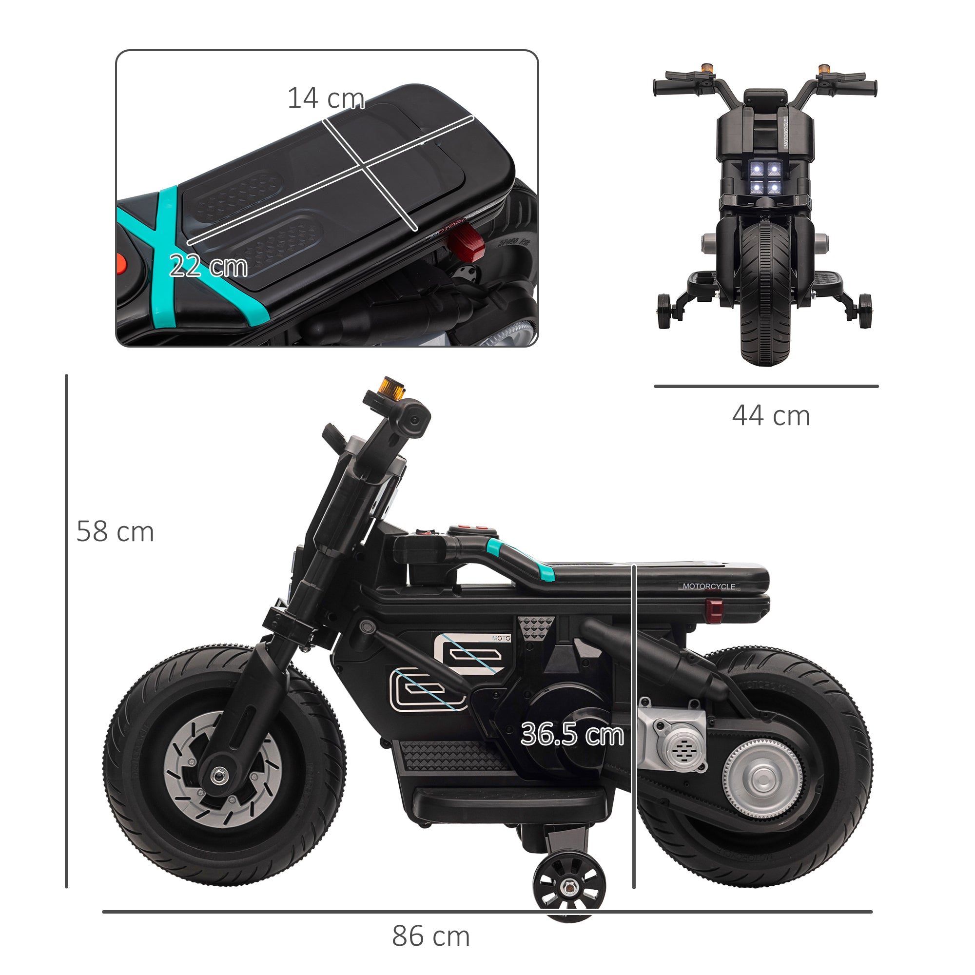 6V Electric Motorcycle for Children with Wheels, Horn, 4 Headlights, and Music, Electric Scooter for Children 3-5 Years in PP and Metal, Speed 3 km/h, 86x44x58 cm, Black