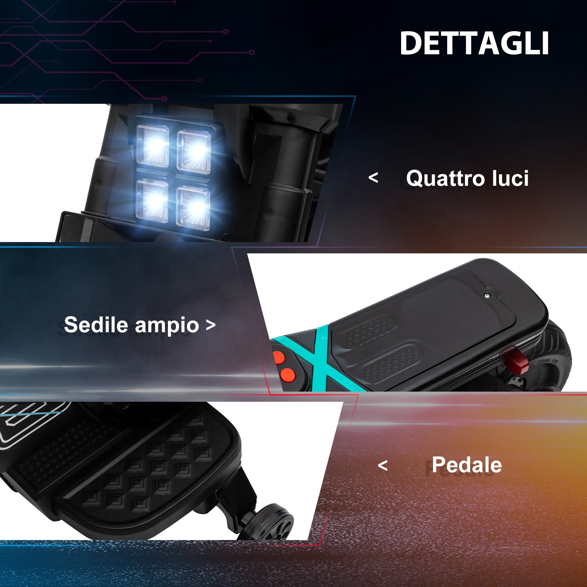 6V Electric Motorcycle for Children with Wheels, Horn, 4 Headlights, and Music, Electric Scooter for Children 3-5 Years in PP and Metal, Speed 3 km/h, 86x44x58 cm, Black