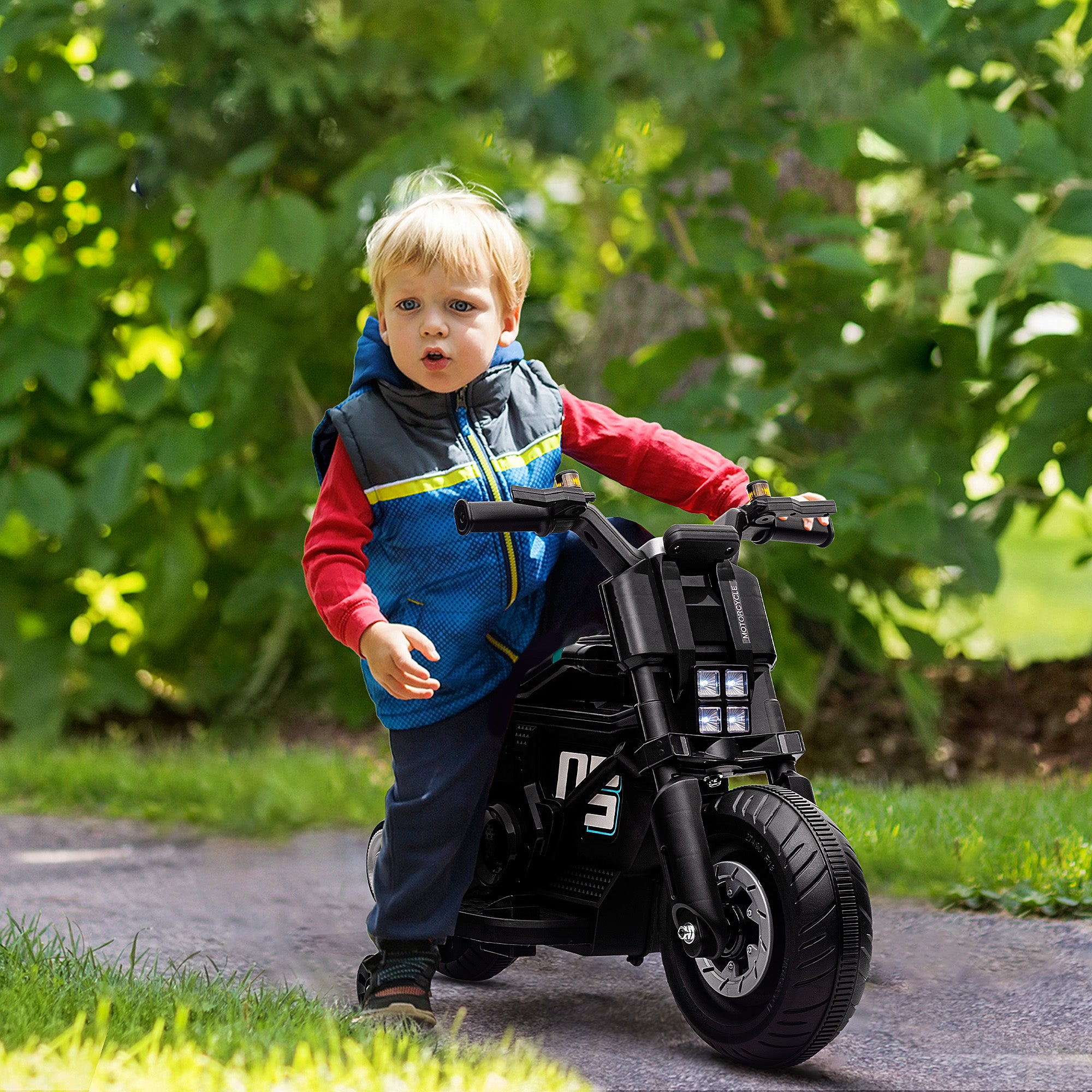 6V Electric Motorcycle for Children with Wheels, Horn, 4 Headlights, and Music, Electric Scooter for Children 3-5 Years in PP and Metal, Speed 3 km/h, 86x44x58 cm, Black