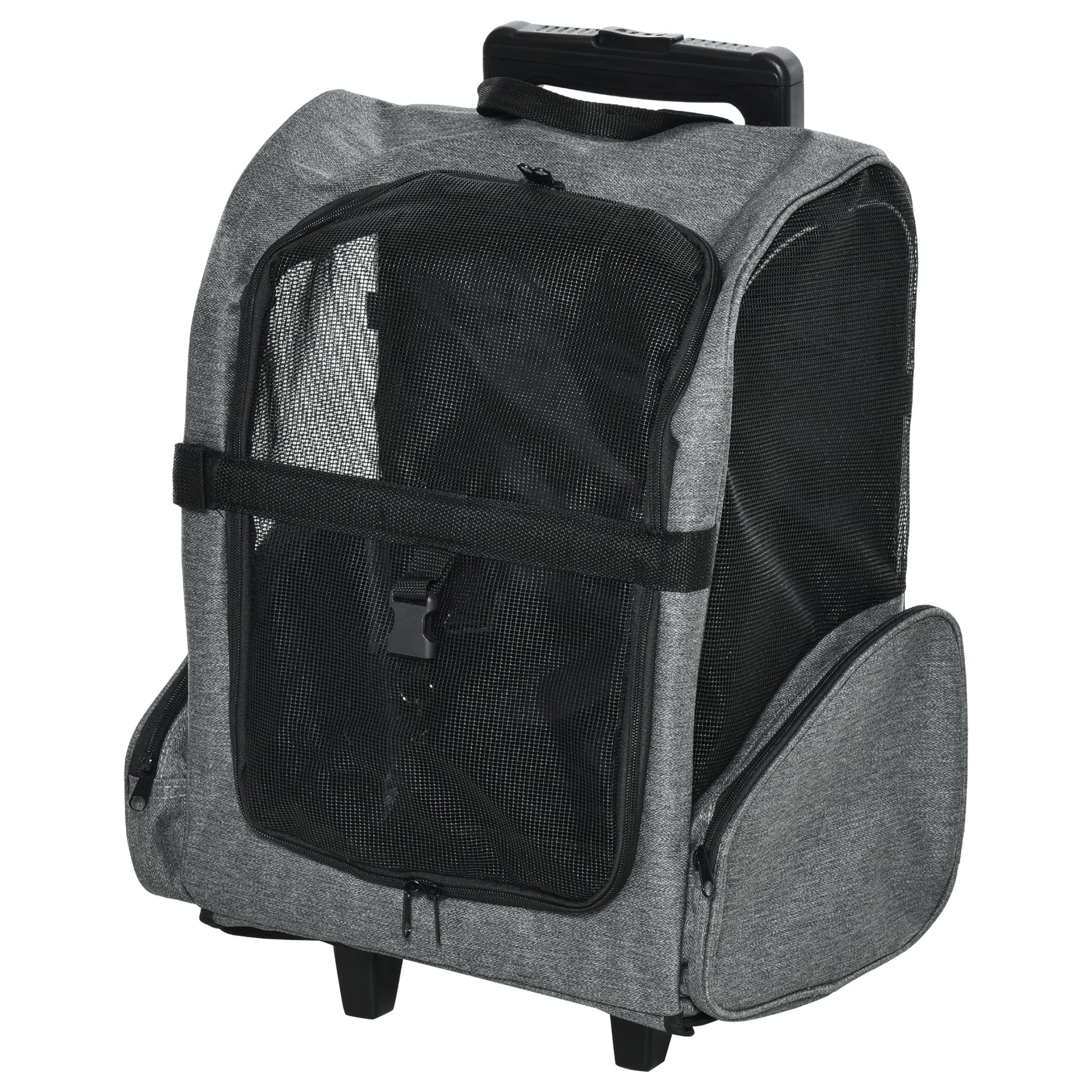 2-in-1 Pet Carrier Cart Backpack with 2 Wheels for Dogs Cats with Retractable Aluminum Handle and Storage Pockets 16.5x9.8x21.7 inches Gray
