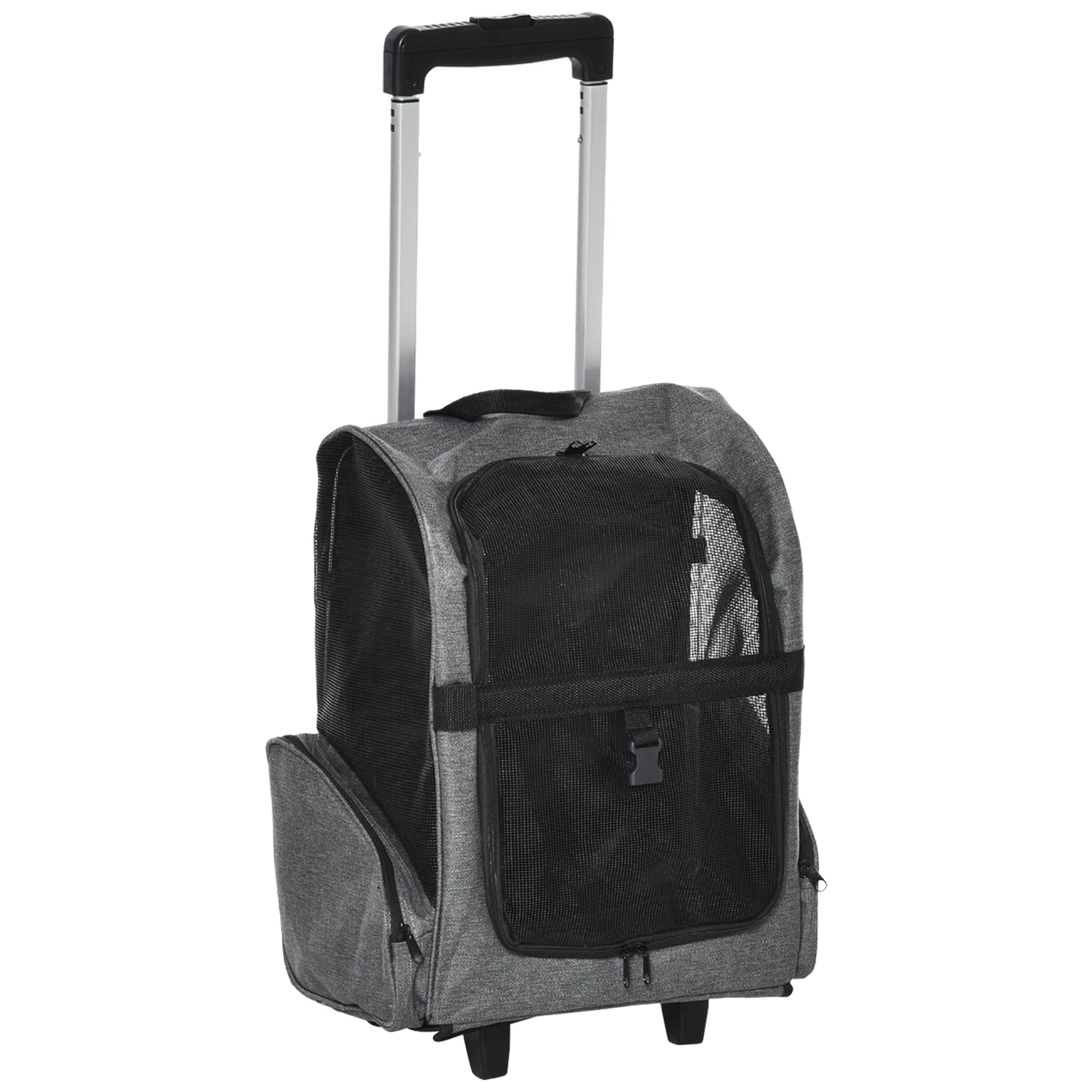 2-in-1 Pet Carrier Cart Backpack with 2 Wheels for Dogs Cats with Retractable Aluminum Handle and Storage Pockets 16.5x9.8x21.7 inches Gray