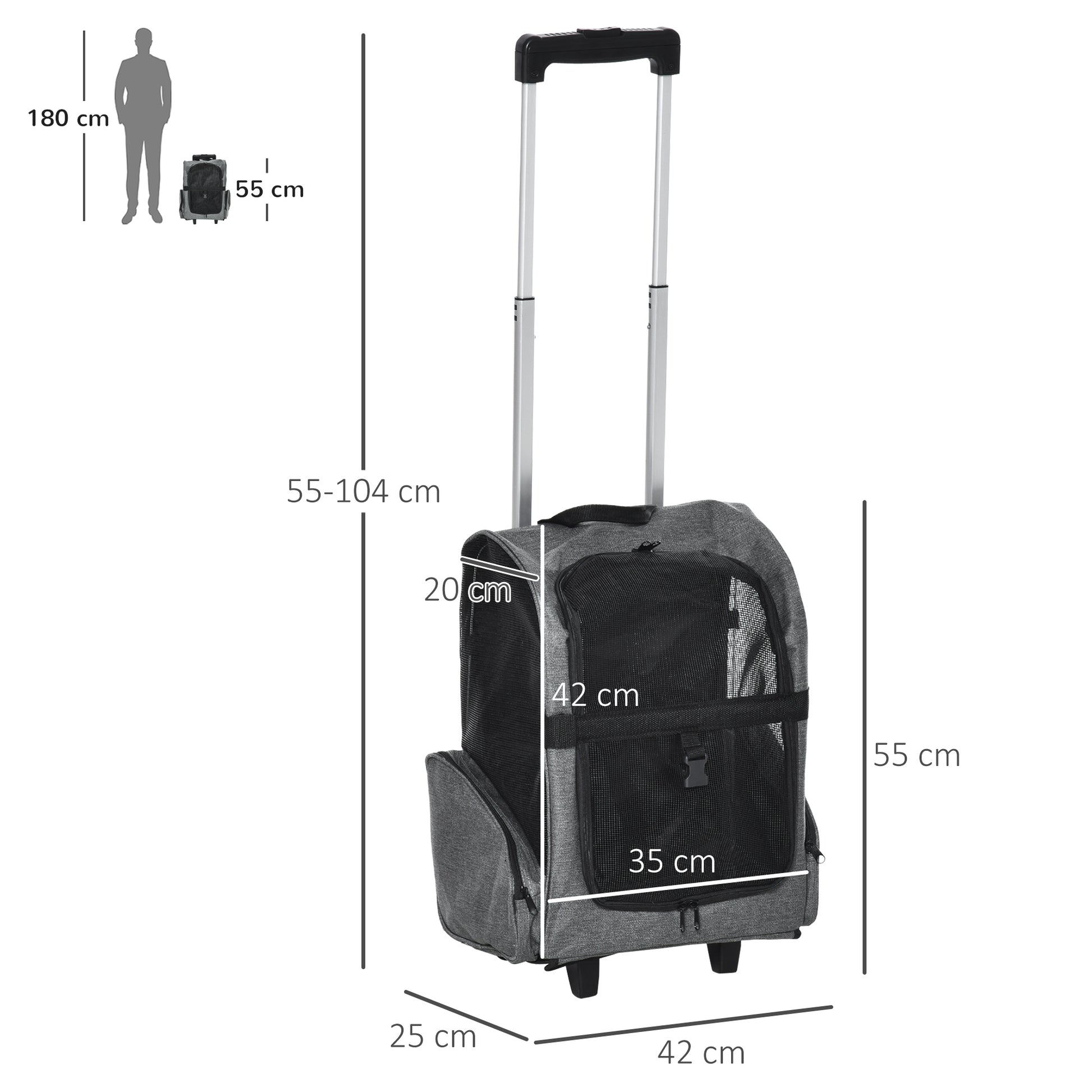 2-in-1 Pet Carrier Cart Backpack with 2 Wheels for Dogs Cats with Retractable Aluminum Handle and Storage Pockets 16.5x9.8x21.7 inches Gray