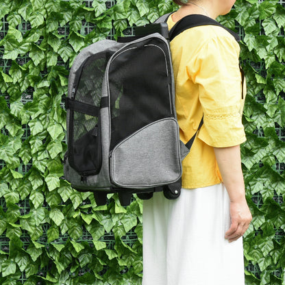 2-in-1 Pet Carrier Cart Backpack with 2 Wheels for Dogs Cats with Retractable Aluminum Handle and Storage Pockets 16.5x9.8x21.7 inches Gray