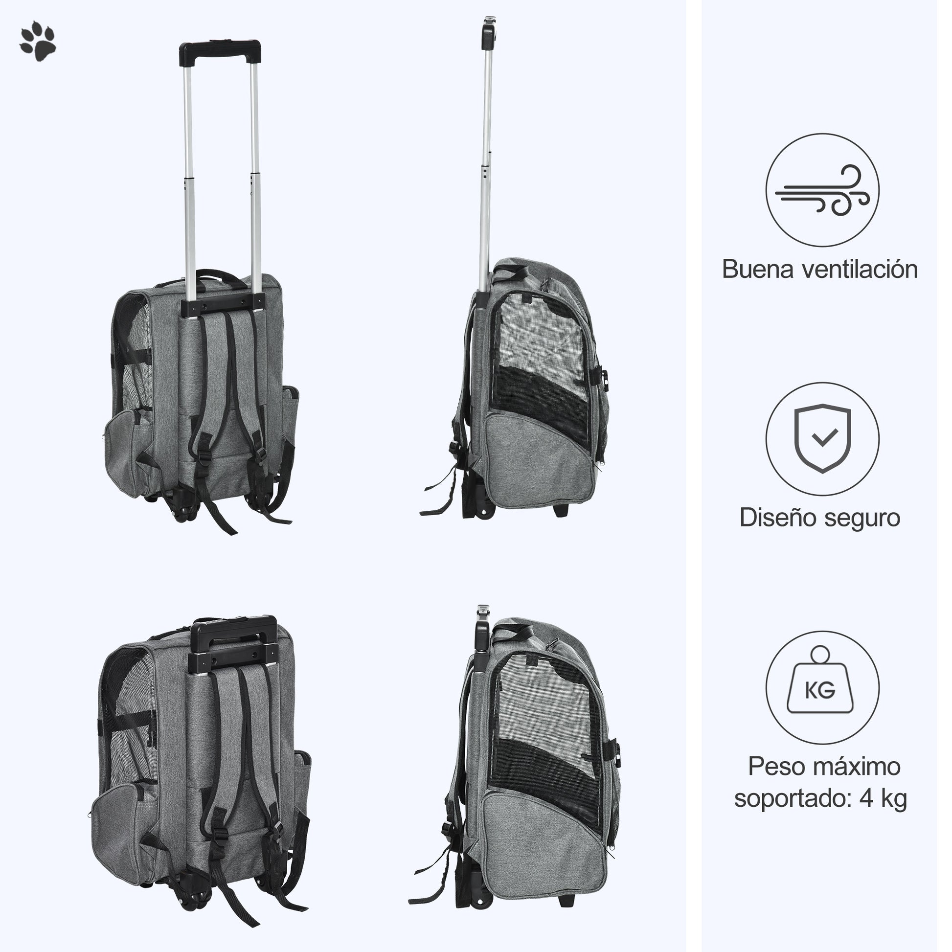 2-in-1 Pet Carrier Cart Backpack with 2 Wheels for Dogs Cats with Retractable Aluminum Handle and Storage Pockets 16.5x9.8x21.7 inches Gray