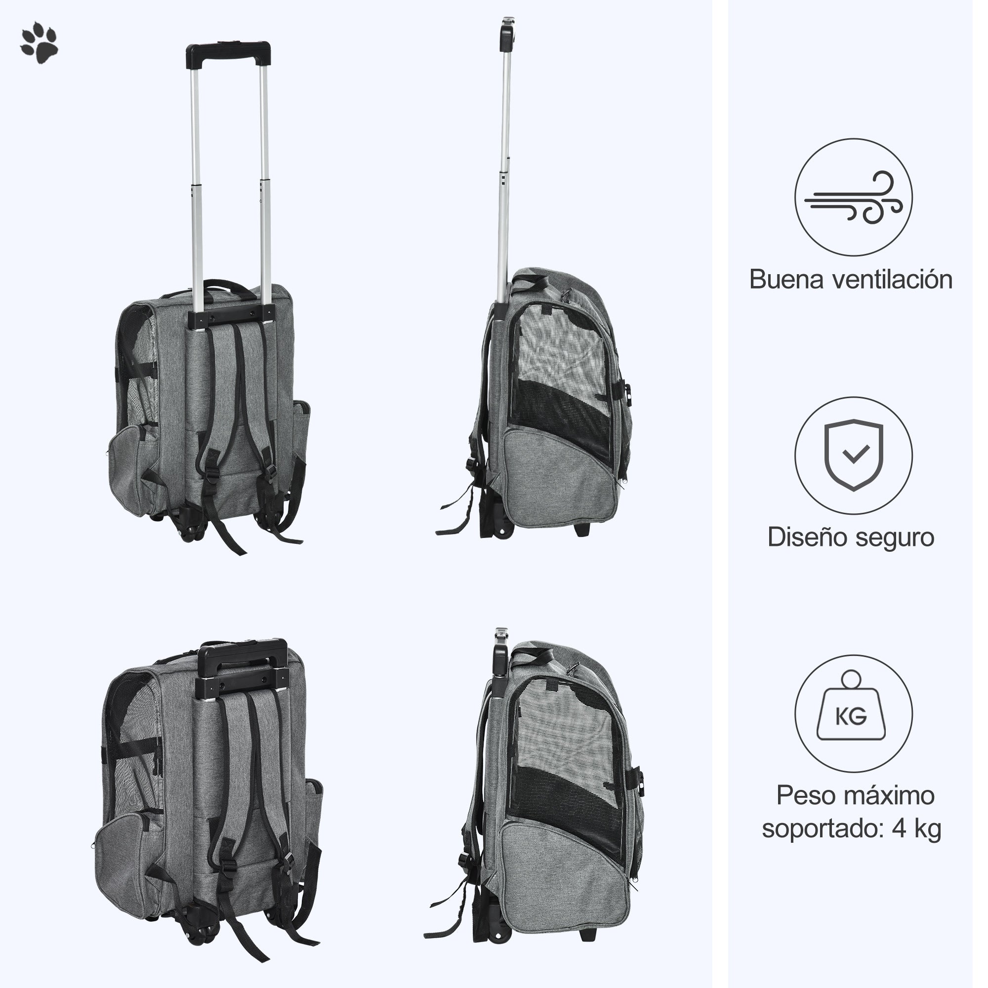 2-in-1 Pet Carrier Cart Backpack with 2 Wheels for Dogs Cats with Retractable Aluminum Handle and Storage Pockets 16.5x9.8x21.7 inches Gray