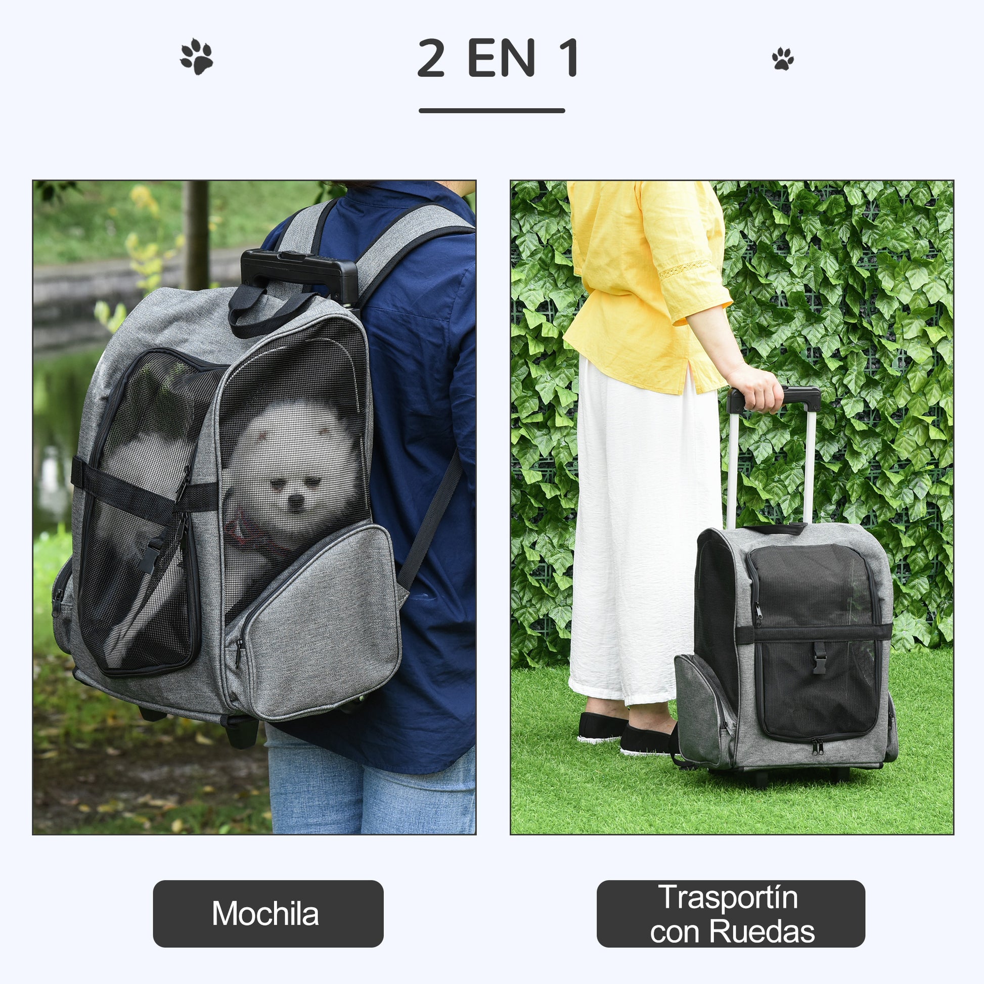 2-in-1 Pet Carrier Cart Backpack with 2 Wheels for Dogs Cats with Retractable Aluminum Handle and Storage Pockets 16.5x9.8x21.7 inches Gray