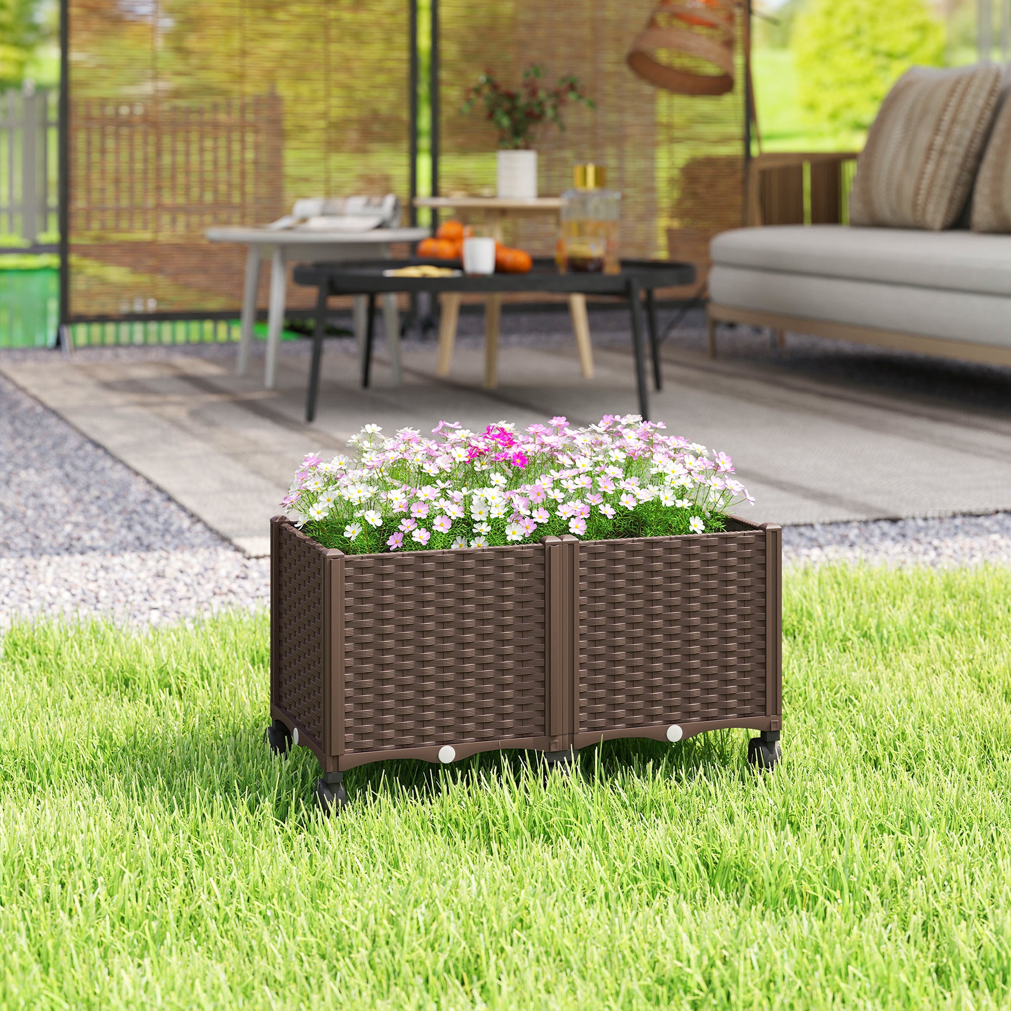 Raised Planter with 6 Wheels — Mobile Outdoor Plastic Planter with Self-Watering Reservoir & Drainage, 31.5×15.7×16.9 in, Brown