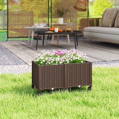 Raised Planter with 6 Wheels — Mobile Outdoor Plastic Planter with Self-Watering Reservoir & Drainage, 31.5×15.7×16.9 in, Brown