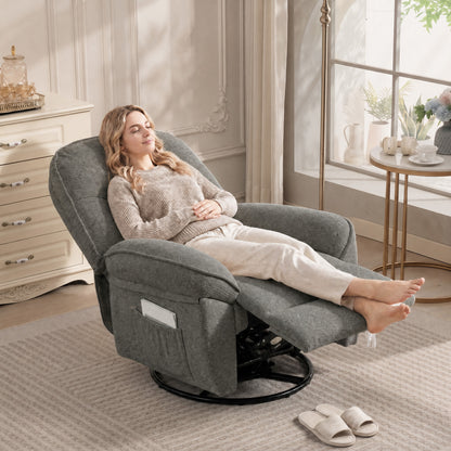 Relax Recliner, 360° Swivel & Rocking Chair, Manual Chenille Armchair with Wide Seat, High Back, Footrest & Side Pockets, Light Gray
