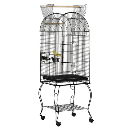 Bird Cage with Stand and Wheels Large Steel Cage with Removable Tray 4 Doors and 2 Feeders for Parrots Macaws 51x51x153 cm Black