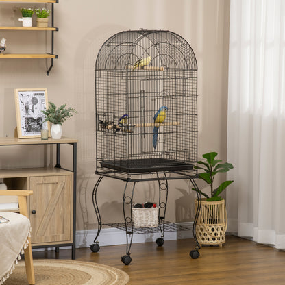 Bird Cage with Stand and Wheels Large Steel Cage with Removable Tray 4 Doors and 2 Feeders for Parrots Macaws 51x51x153 cm Black