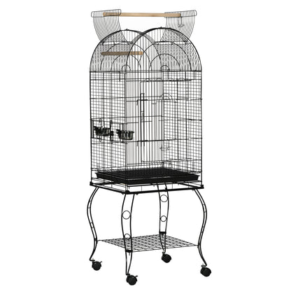 Bird Cage with Stand and Wheels Large Steel Cage with Removable Tray 4 Doors and 2 Feeders for Parrots Macaws 51x51x153 cm Black