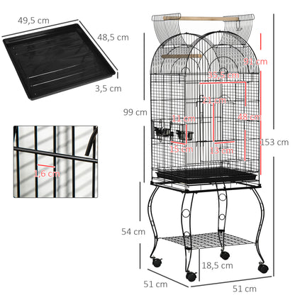Bird Cage with Stand and Wheels Large Steel Cage with Removable Tray 4 Doors and 2 Feeders for Parrots Macaws 51x51x153 cm Black