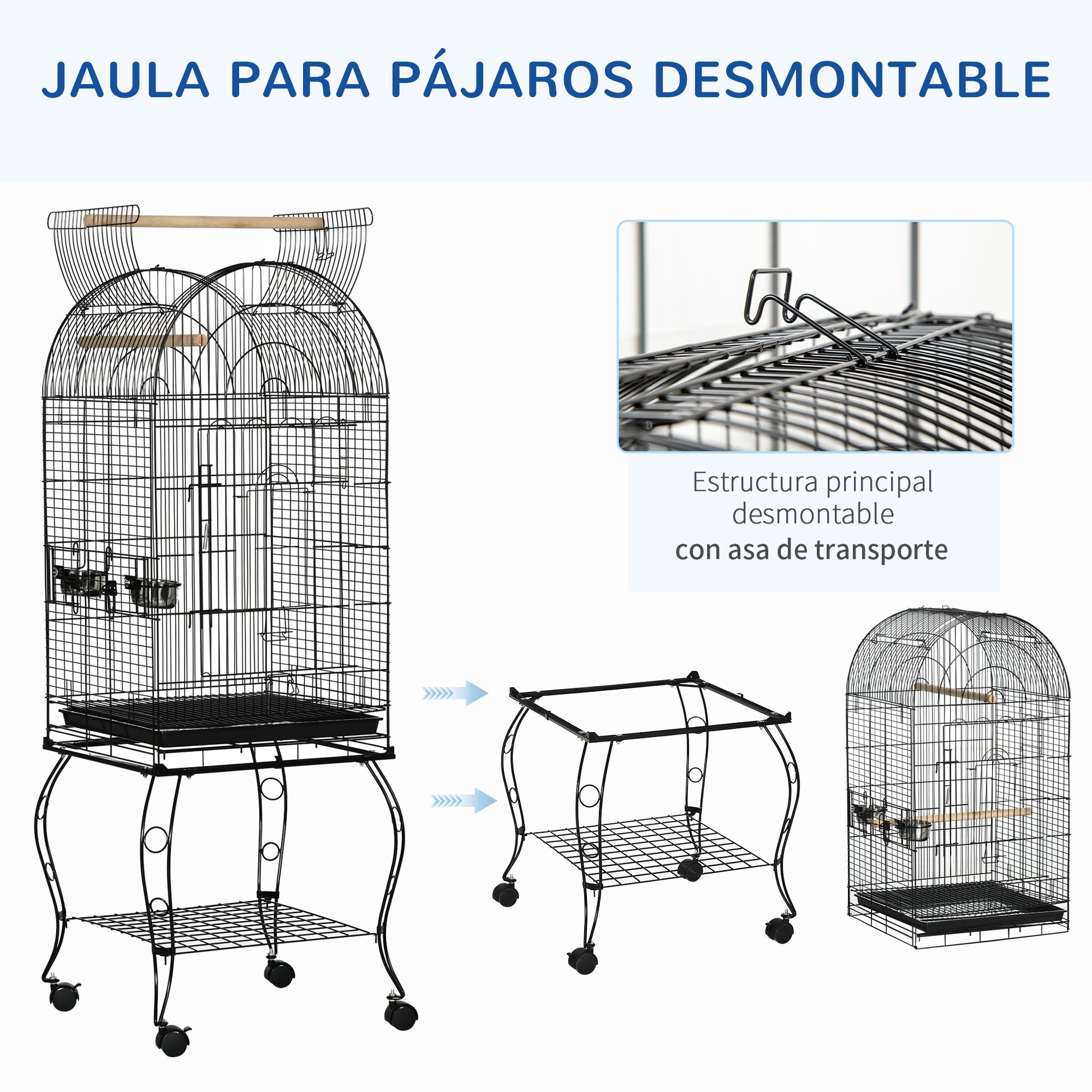 Bird Cage with Stand and Wheels Large Steel Cage with Removable Tray 4 Doors and 2 Feeders for Parrots Macaws 51x51x153 cm Black